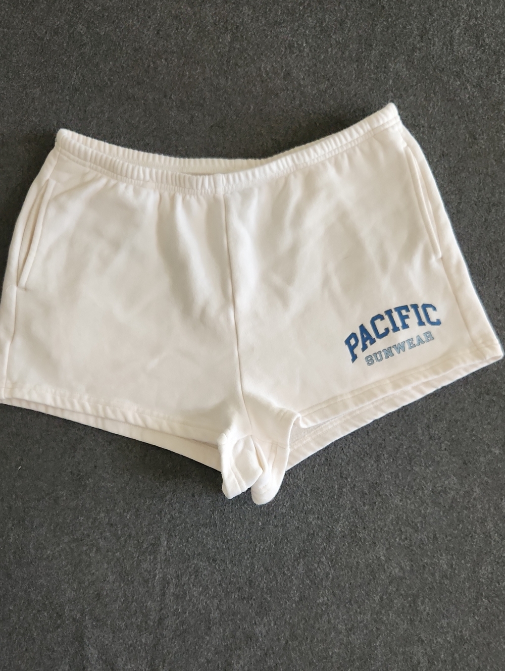 Pacific Sunwear Womens White Athletic Lounge Shorts Blue Logo Size Small Stretch